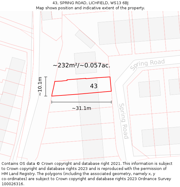 43, SPRING ROAD, LICHFIELD, WS13 6BJ: Plot and title map