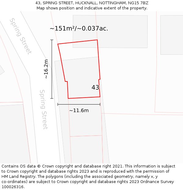 43, SPRING STREET, HUCKNALL, NOTTINGHAM, NG15 7BZ: Plot and title map