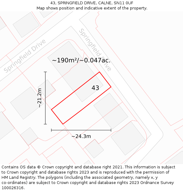 43, SPRINGFIELD DRIVE, CALNE, SN11 0UF: Plot and title map