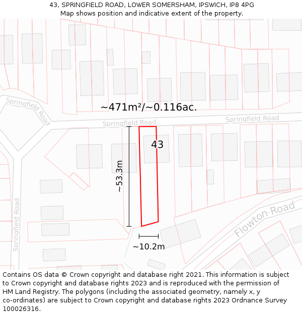 43, SPRINGFIELD ROAD, LOWER SOMERSHAM, IPSWICH, IP8 4PG: Plot and title map