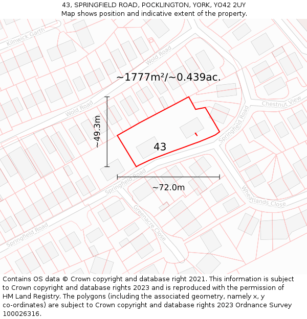 43, SPRINGFIELD ROAD, POCKLINGTON, YORK, YO42 2UY: Plot and title map