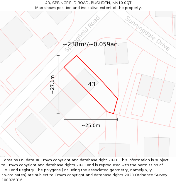 43, SPRINGFIELD ROAD, RUSHDEN, NN10 0QT: Plot and title map