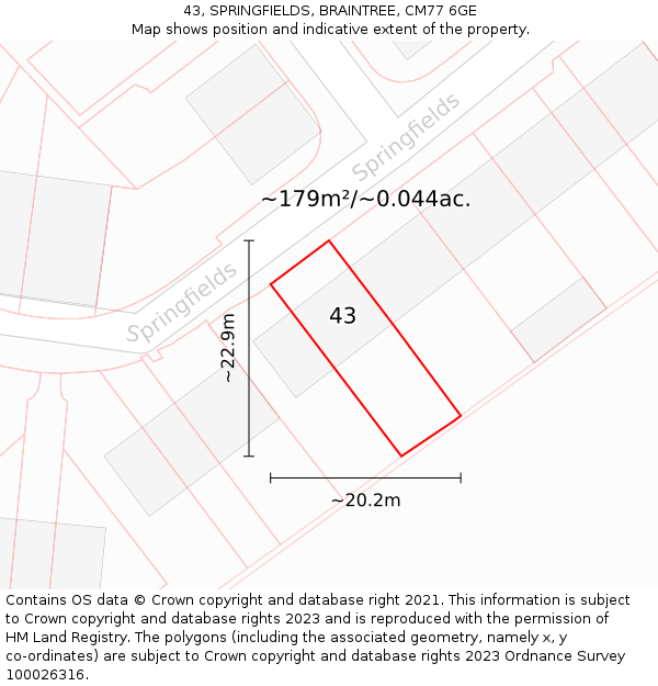43, SPRINGFIELDS, BRAINTREE, CM77 6GE: Plot and title map