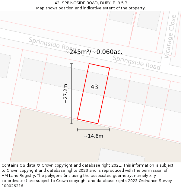 43, SPRINGSIDE ROAD, BURY, BL9 5JB: Plot and title map