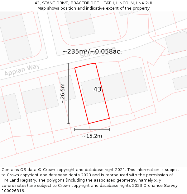 43, STANE DRIVE, BRACEBRIDGE HEATH, LINCOLN, LN4 2UL: Plot and title map