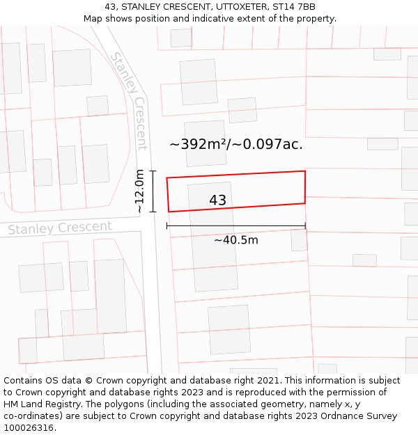 43, STANLEY CRESCENT, UTTOXETER, ST14 7BB: Plot and title map