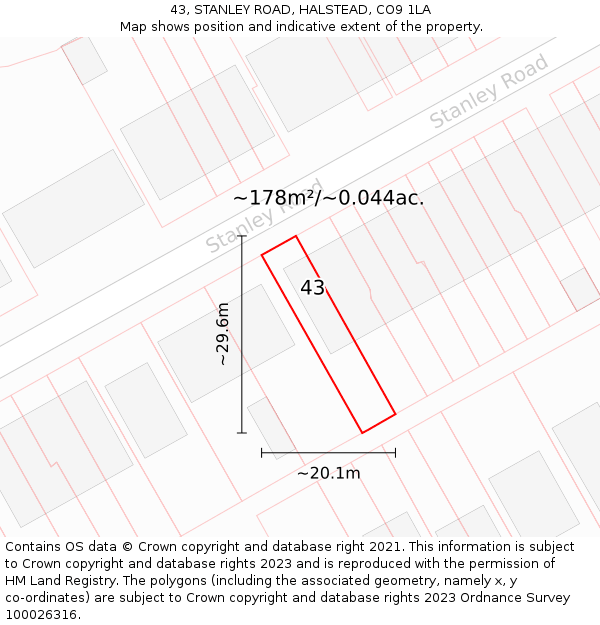 43, STANLEY ROAD, HALSTEAD, CO9 1LA: Plot and title map