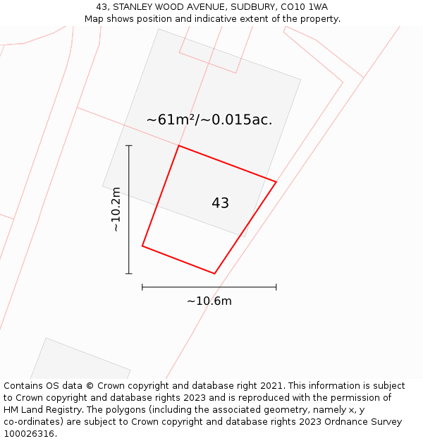 43, STANLEY WOOD AVENUE, SUDBURY, CO10 1WA: Plot and title map