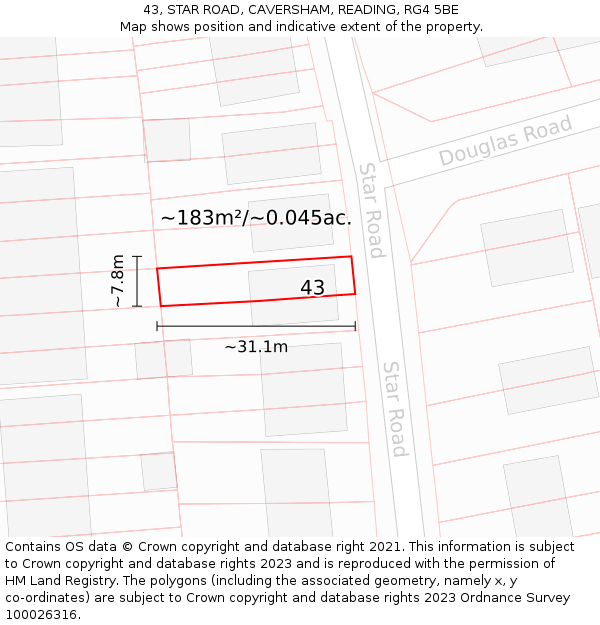 43, STAR ROAD, CAVERSHAM, READING, RG4 5BE: Plot and title map