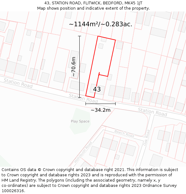 43, STATION ROAD, FLITWICK, BEDFORD, MK45 1JT: Plot and title map
