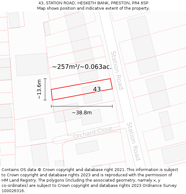 43, STATION ROAD, HESKETH BANK, PRESTON, PR4 6SP: Plot and title map