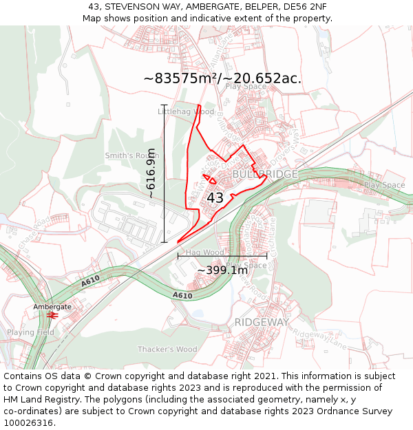 43, STEVENSON WAY, AMBERGATE, BELPER, DE56 2NF: Plot and title map