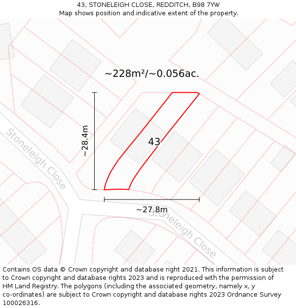 43, STONELEIGH CLOSE, REDDITCH, B98 7YW: Plot and title map