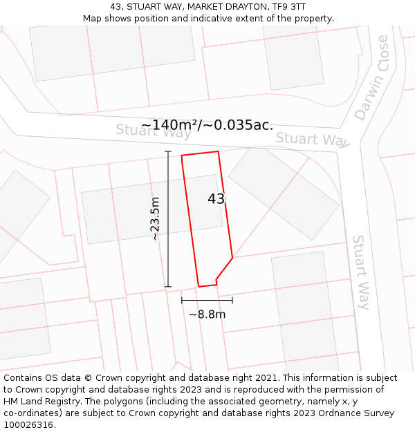 43, STUART WAY, MARKET DRAYTON, TF9 3TT: Plot and title map