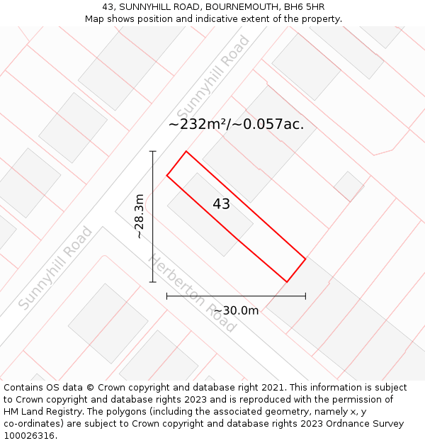 43, SUNNYHILL ROAD, BOURNEMOUTH, BH6 5HR: Plot and title map