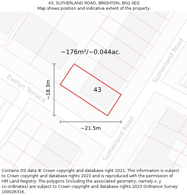 43, SUTHERLAND ROAD, BRIGHTON, BN2 0EQ: Plot and title map