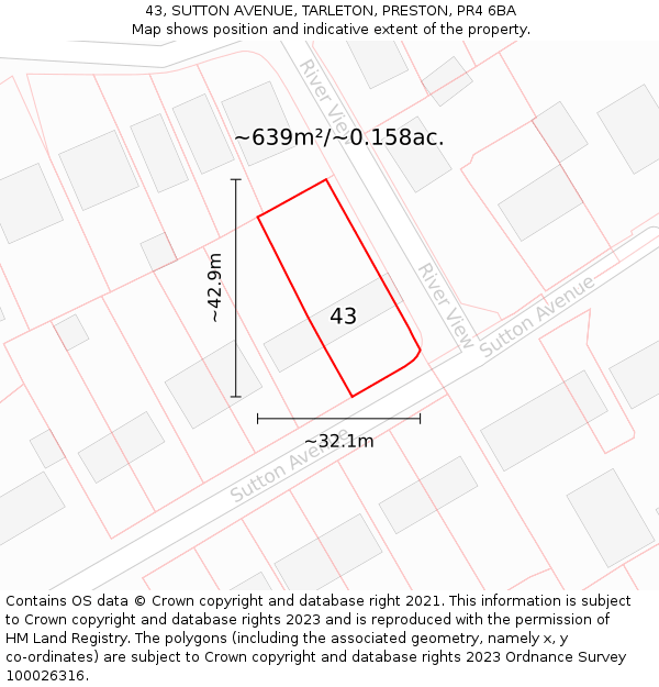 43, SUTTON AVENUE, TARLETON, PRESTON, PR4 6BA: Plot and title map