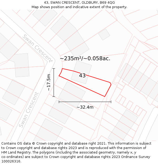 43, SWAN CRESCENT, OLDBURY, B69 4QG: Plot and title map