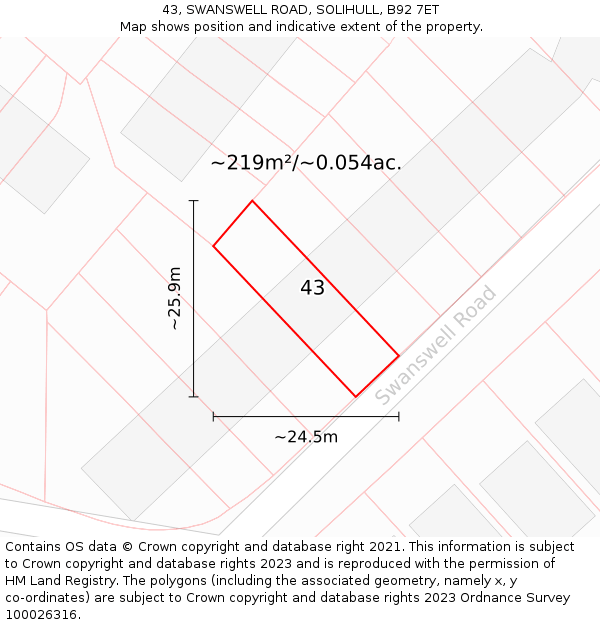 43, SWANSWELL ROAD, SOLIHULL, B92 7ET: Plot and title map
