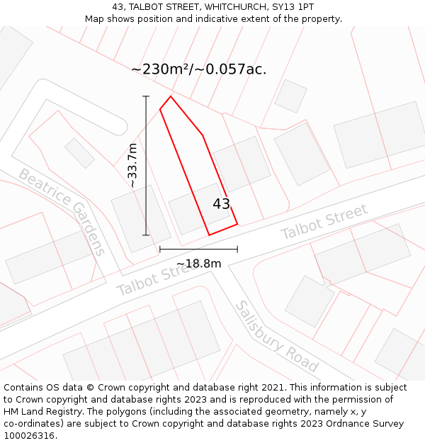 43, TALBOT STREET, WHITCHURCH, SY13 1PT: Plot and title map