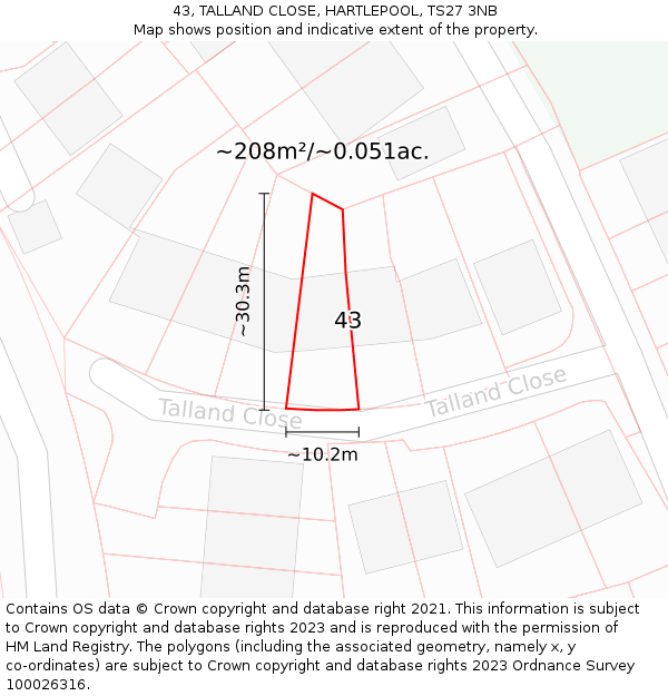 43, TALLAND CLOSE, HARTLEPOOL, TS27 3NB: Plot and title map