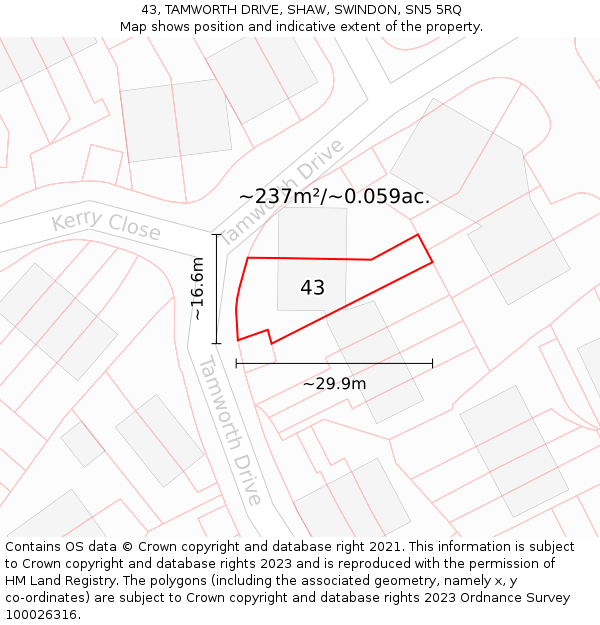 43, TAMWORTH DRIVE, SHAW, SWINDON, SN5 5RQ: Plot and title map