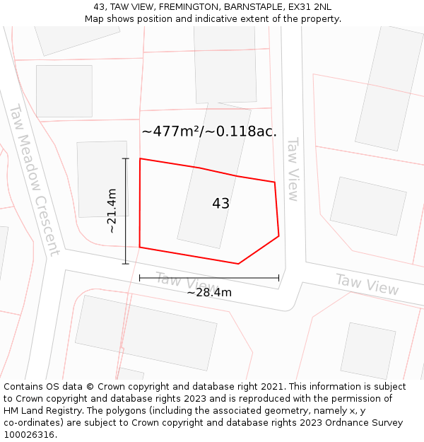 43, TAW VIEW, FREMINGTON, BARNSTAPLE, EX31 2NL: Plot and title map