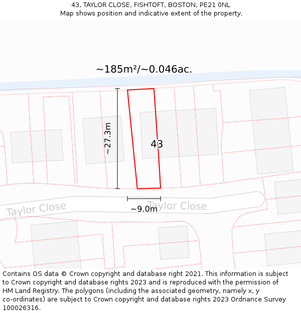 43, TAYLOR CLOSE, FISHTOFT, BOSTON, PE21 0NL: Plot and title map