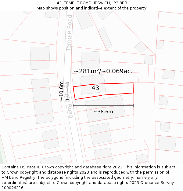 43, TEMPLE ROAD, IPSWICH, IP3 8PB: Plot and title map