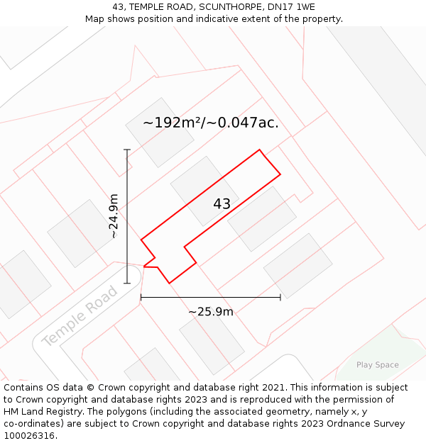 43, TEMPLE ROAD, SCUNTHORPE, DN17 1WE: Plot and title map