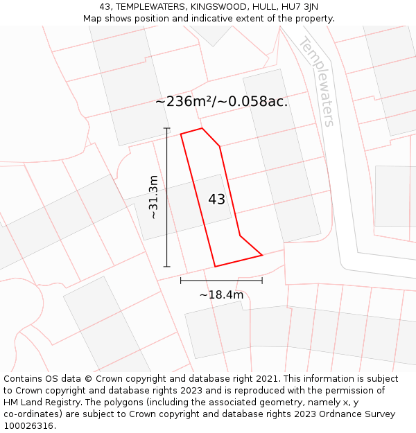 43, TEMPLEWATERS, KINGSWOOD, HULL, HU7 3JN: Plot and title map