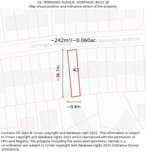 43, TERRINGES AVENUE, WORTHING, BN13 1JF: Plot and title map