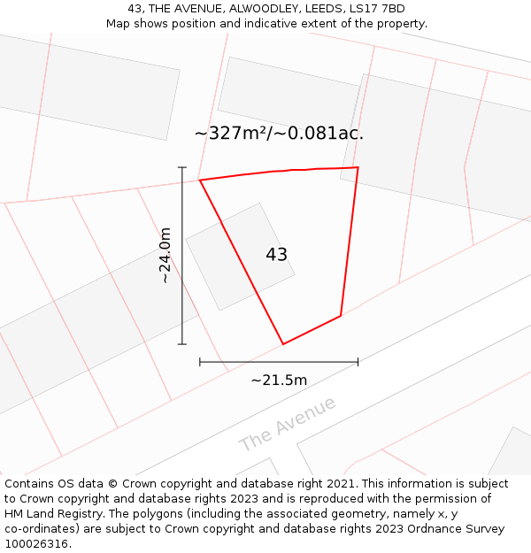 43, THE AVENUE, ALWOODLEY, LEEDS, LS17 7BD: Plot and title map