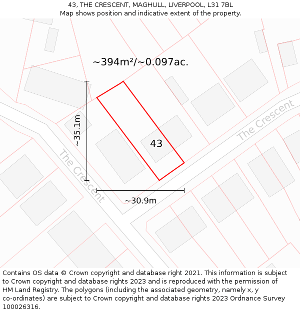 43, THE CRESCENT, MAGHULL, LIVERPOOL, L31 7BL: Plot and title map