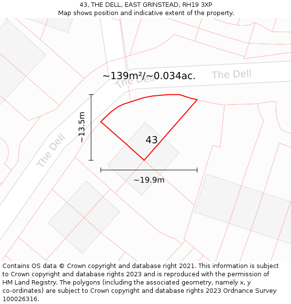 43, THE DELL, EAST GRINSTEAD, RH19 3XP: Plot and title map