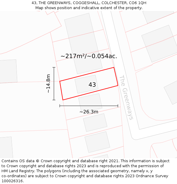 43, THE GREENWAYS, COGGESHALL, COLCHESTER, CO6 1QH: Plot and title map