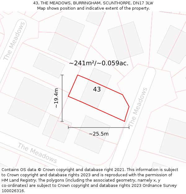 43, THE MEADOWS, BURRINGHAM, SCUNTHORPE, DN17 3LW: Plot and title map