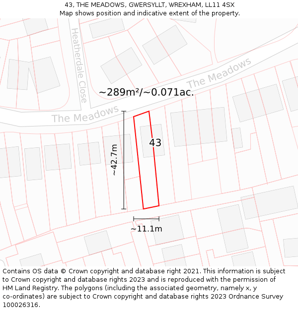 43, THE MEADOWS, GWERSYLLT, WREXHAM, LL11 4SX: Plot and title map