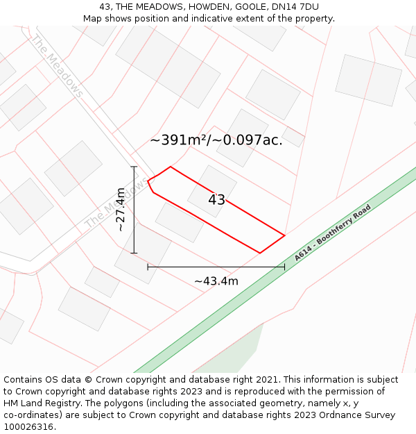 43, THE MEADOWS, HOWDEN, GOOLE, DN14 7DU: Plot and title map