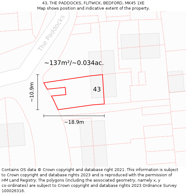 43, THE PADDOCKS, FLITWICK, BEDFORD, MK45 1XE: Plot and title map