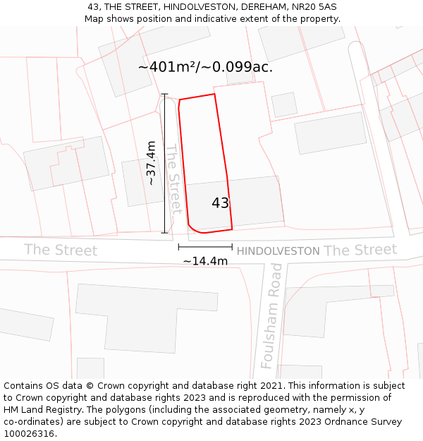 43, THE STREET, HINDOLVESTON, DEREHAM, NR20 5AS: Plot and title map