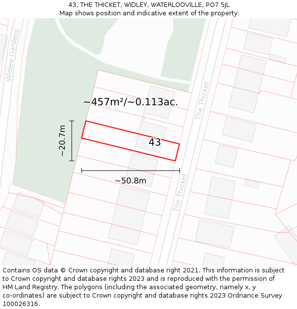43, THE THICKET, WIDLEY, WATERLOOVILLE, PO7 5JL: Plot and title map
