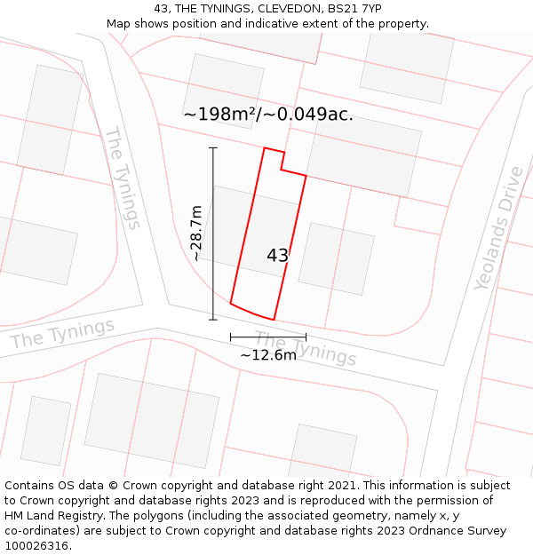 43, THE TYNINGS, CLEVEDON, BS21 7YP: Plot and title map