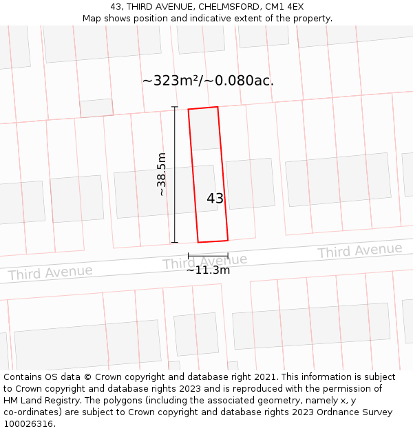 43, THIRD AVENUE, CHELMSFORD, CM1 4EX: Plot and title map