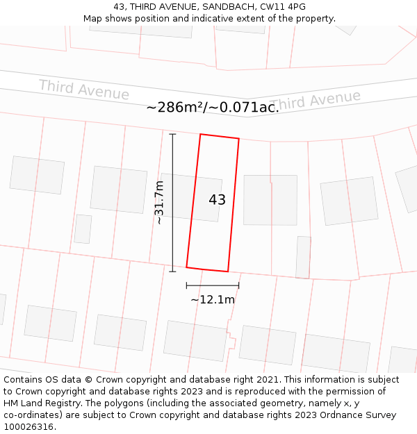 43, THIRD AVENUE, SANDBACH, CW11 4PG: Plot and title map