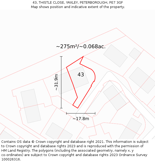 43, THISTLE CLOSE, YAXLEY, PETERBOROUGH, PE7 3GF: Plot and title map