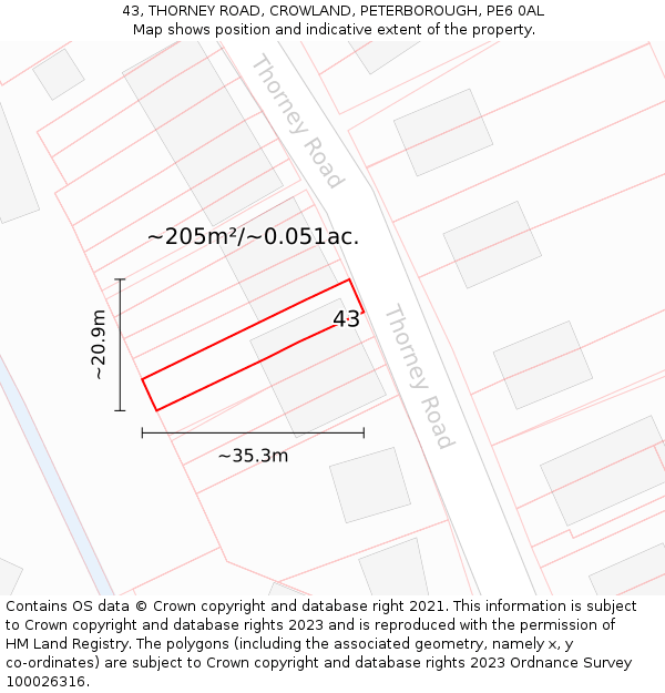 43, THORNEY ROAD, CROWLAND, PETERBOROUGH, PE6 0AL: Plot and title map