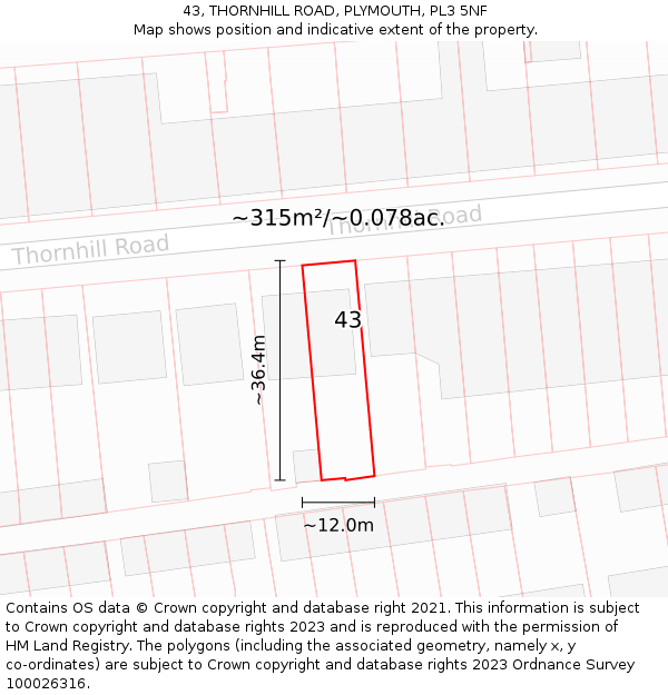 43, THORNHILL ROAD, PLYMOUTH, PL3 5NF: Plot and title map