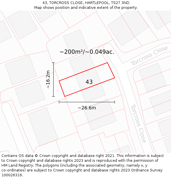 43, TORCROSS CLOSE, HARTLEPOOL, TS27 3ND: Plot and title map