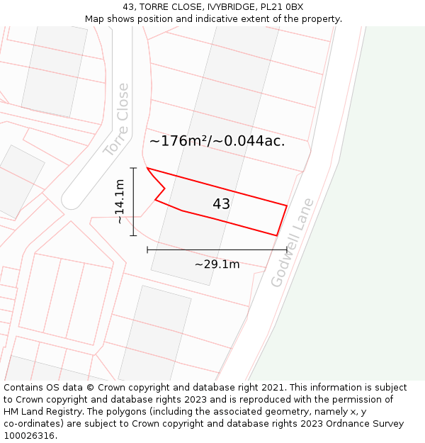 43, TORRE CLOSE, IVYBRIDGE, PL21 0BX: Plot and title map